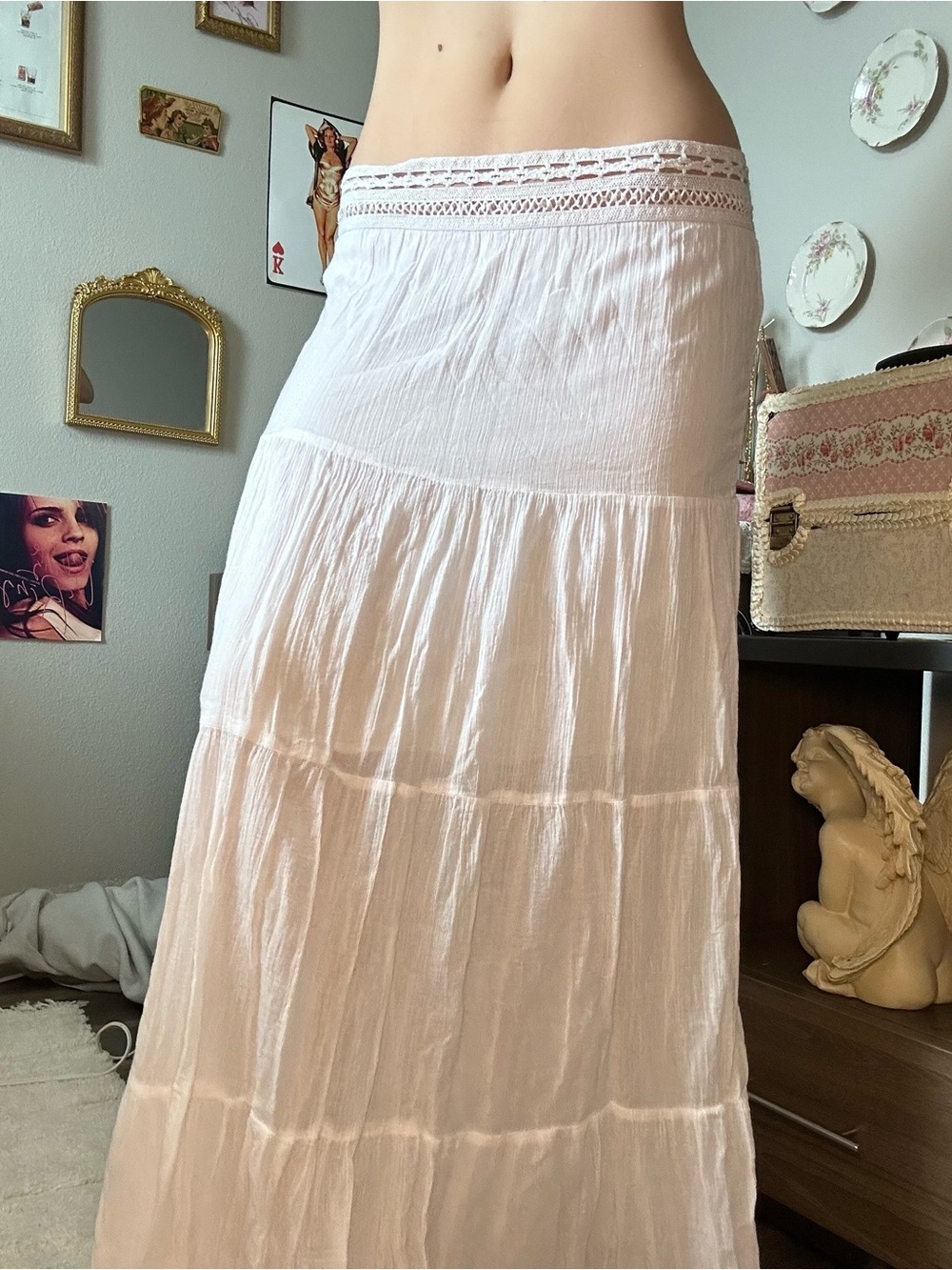 White Maxi Tiered Skirt with Crochet Waistband